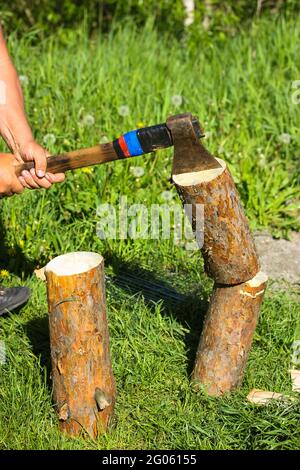 Holzfäller. Ein Mann, der Holz mit einer alten Metallaxt hackt, Beil mit einem Holzgriff in der Natur. Baumstümpfe von Kiefern auf grünem Gras. Das ländliche Leben, ein Hous Stockfoto