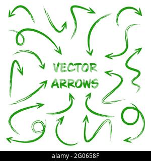Grüne handgezeichnete Pfeile isoliert auf weißem Hintergrund. Doodle Pfeil, Zickzack und runde Zeiger. Handgefertigte Skizzen von Richtungssymbolen. Vektor Stock Vektor