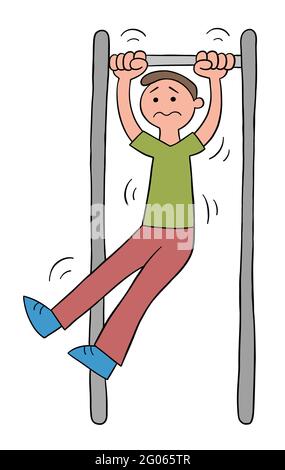 Cartoon-Mann auf der Pull-up-Bar, aber nicht, Vektor-Illustration. Schwarz umrandet und farbig. Stock Vektor