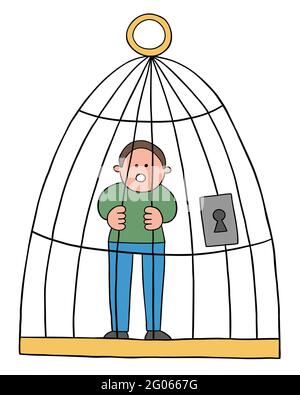 Cartoon-Mann in einem Käfig gefangen, Vektor-Illustration. Schwarz umrandet und farbig. Stock Vektor
