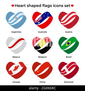 Symbole für herzförmige Flaggen gesetzt. Symbol-Flag von Ribbon Locken. Vektorsymbol, Symbol, Schaltfläche. Abbildung in flacher Ausführung Stock Vektor