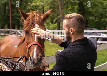 Junger schöner Mann streichelt ein Pferd Stockfoto