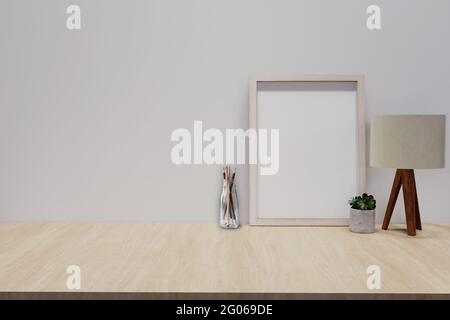 Holzschreibtisch mit Fotorahmen und minimalistischer runder Vase mit dekorativem Zweig an der weißen Wand. 3D-Rendering. Stockfoto