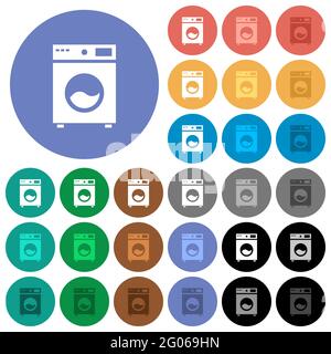 Mehrfarbige flache Symbole für die Waschmaschine auf runden Hintergründen. Inklusive weißer, heller und dunkler Symbolvarianten für schwebe- und aktive Statuseffekte, und Stock Vektor