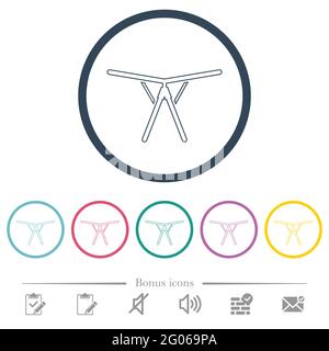 Zusammenklappbare Wäscheständer mit flachen Farbsymbolen in runden Umrissen. 6 Bonus-Symbole enthalten. Stock Vektor