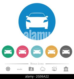 Sportwagen Vorderansicht flache weiße Symbole auf runden farbigen Hintergründen. 6 Bonus-Symbole enthalten. Stock Vektor