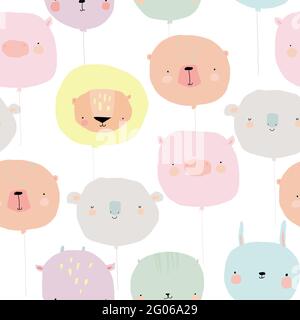Seamless Pattern with Cute Balloon Faces Animals Stock Vektor