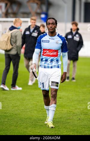 Haderselv, Dänemark. Mai 2021. Jeppe Simonsen (21) von SonderjyskE während des 3F Superliga-Spiels zwischen SonderjyskE und AAB im Sydbank Park in Haderslev. (Foto: Gonzales Foto: Gastón Szerman). Stockfoto