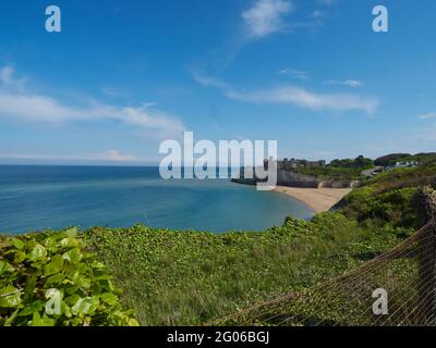 Ein riesiger blauer Himmel, ein varicoloriertes Meer und die geschwungene Kurve der Kingsgate Bay von einer nahe gelegenen Klippe aus, die sich bei sommerlichem Sonnenschein sonnt. Stockfoto