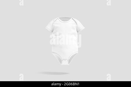 Weißer, halbärmeliges Baby-Bodysuit-Modell, grauer Hintergrund, 3d-Rendering. Overalls aus leerer Baumwolle oder Jumpsuit für Kinder im Kinderlook, Vorderansicht. Klare pa Stockfoto