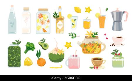 Set für gesunde Getränke. Vector Sommergetränk. Vegane, vegetarische Getränkeauswahl isoliert auf Weiß. Junge Kokosnuss, Limonade, Orangensaft, Kräuterbeere Stock Vektor