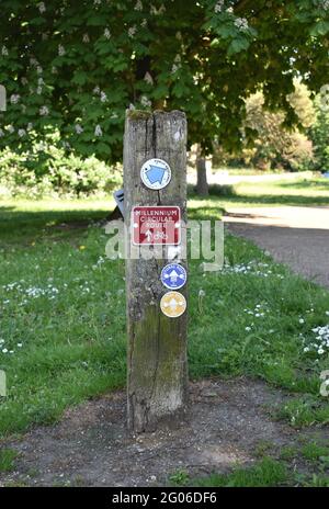 Wegweiser auf der Millennium Circular Route in Milton Keynes. Stockfoto