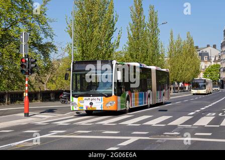Europa, Luxemburg, Luxemburg-Stadt, Rue Franklin Delano Roosevelt mit Gelenkbus in der Nähe des Gedenkdenkmals Stockfoto