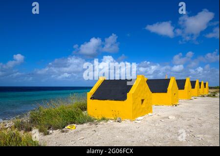 Gelbe ehemalige Sklavenhäuser, Bonaire, niederländische Karibik. Stockfoto