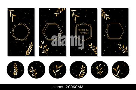 Vorlagen für Vektorgeschichten und Titelsymbole für soziale Medien hervorheben. Abstrakte schwarze Hintergründe mit goldenen Blättern für instagram-Blogger Stock Vektor