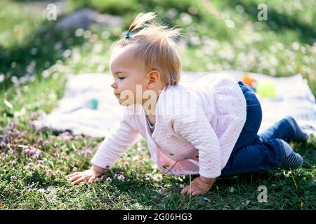 Das nachdenkliche kleine Mädchen mit einem Pferdeschwanz auf dem Kopf kriecht auf einem grünen Rasen zwischen Blumen in der Nähe einer Decke mit Spielzeug Stockfoto