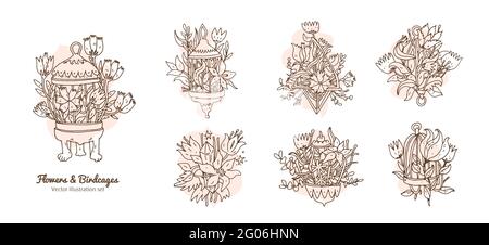 Blumen in einem Vogelkäfig Set. Line Art handgezeichnete Doodle Design-Elemente mit floraler Botanik an Vogelkäfigen. Eleganz und ästhetische Vektor Umrisssymbole se Stock Vektor