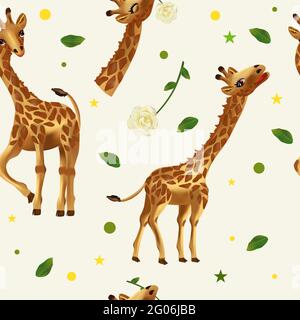 Nahtloses Muster niedliche tropische Giraffe, wilde Tiere, Blume, Blatt. Muster mit wildem Tier für dein Design. 3d-Vektordarstellung. Stock Vektor