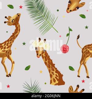 Nahtloses Muster niedliche tropische Giraffe, wilde Tiere, Blume, Blatt. Muster mit wildem Tier für dein Design. 3d-Vektordarstellung Stock Vektor
