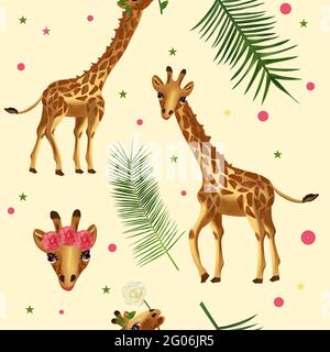 Nahtloses Muster mit Giraffe, tropisches Blatt auf gelbem Hintergrund. Muster mit wildem Tier für dein Design. 3d-Vektordarstellung Stock Vektor
