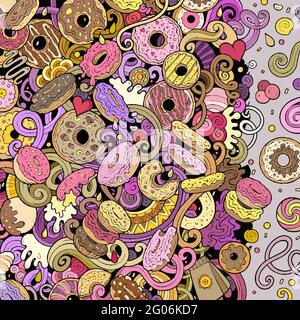 Donuts handgezeichnete Vektor-Doodles Illustration. Süßwaren Rahmen Karte Design. Stock Vektor