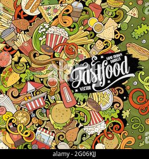 Fastfood handgezeichnete Vektor-Doodles Illustration. Fastfood-Kartendesign Stock Vektor