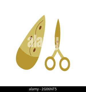 Schere mit Etui. Vektor isoliert von Hand gezeichnet bunte Einzel-Symbol-Illustration. Schreibwaren. Nähelement Stock Vektor