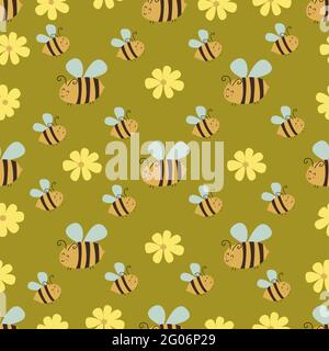 Nahtloses Muster mit Kamille und glücklichen Bienen. Vektorgrafik Gänseblümchen Abbildung von Hand gezeichnet. Umhüllung, Sommerdruck oder Stoffstruktur Stock Vektor