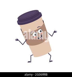 Nette Figur eine Tasse Kaffee mit Freude Emotionen, lächelndes Gesicht, glückliche Augen, Arme und Beine. Ein verschmitztes Papiergeschirr für ein Café Stock Vektor