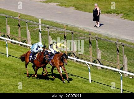 Kendergarten Kop mit Tom Queally (rechts) und Batchelor Boy mit Nicola Currie werden in einer Sackgasse als erste im Sky Sports Racing Virgin 535 Handicap auf der Brighton Racecourse antreten. Bilddatum: Dienstag, 1. Juni 2021. Stockfoto