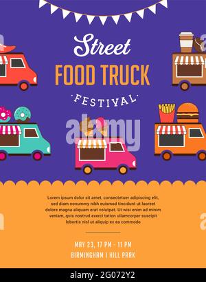 Food Truck Fair, Nachtmarkt, Sommerfest, Essen und Musik Straßenmarkt, Familienfest Poster und Banner Stock Vektor