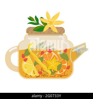 Teekannen aus Glas mit Früchtetee. Kräutertee, gesundes Sommergetränk kalt oder heiß. Trinken Sie mit Orangenscheiben, Früchten, Beeren und Minze. Vektor isoliert o Stock Vektor