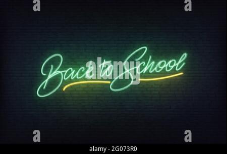 Zurück zur Schule Neonschild. Glowing Back to School Schriftzug Konzept Stock Vektor