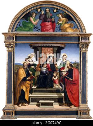 Raphael. Madonna mit Kind und thronenden Heiligen von Rafaello Sanzio da Urbino (1483–1520), Öl und Gold auf Holz, c.. 1504. Stockfoto