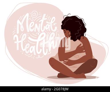 Konzept der psychischen Gesundheit. Traurige Frau mit Depressionen auf dem Boden sitzend. Bunte Vektor-Illustration in flachen Cartoon-Stil.. Stock Vektor