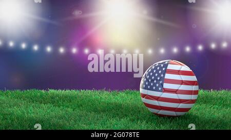 Fußball in Fahnenfarben auf einem hellen, unscharfen Stadionhintergrund. USA. 3D-Bild Stockfoto