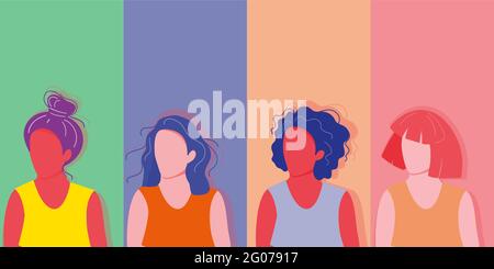 Frauen unterschiedlicher Kulturen und Nationalitäten stehen zusammen. Das Konzept der weiblichen Empowerment-Bewegung und der Gleichstellung der Geschlechter. Stock Vektor