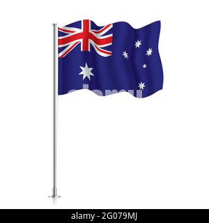 Die australische Flagge winkt auf einem Metallmast. Die offizielle Flagge Australiens, isoliert auf weißem Hintergrund. Stock Vektor