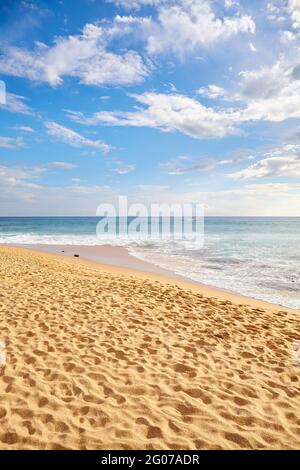 Tropischer, unberührter Strand, Sommerurlaubskonzept. Stockfoto