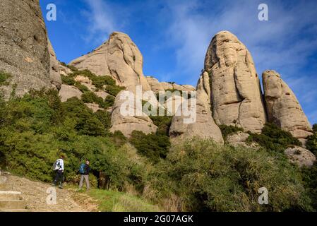 Die Türme von Elefant und La Mòmia vom Weg zur Einsiedelei von Sant Benet aus gesehen (Montserrat, Katalonien, Spanien) Stockfoto