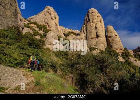 Die Türme von Elefant und La Mòmia vom Weg zur Einsiedelei von Sant Benet aus gesehen (Montserrat, Katalonien, Spanien) Stockfoto