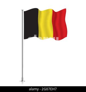 Belgische Flagge winkt auf einem Metallmast. Die offizielle Flagge des Königreichs Belgien, isoliert auf weißem Hintergrund. Stock Vektor