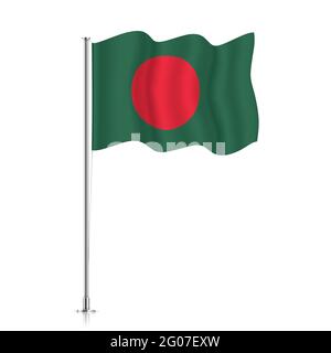 Die Flagge von Bangladesch winkt auf einem Metallmast. Die offizielle Flagge von Bangladesch, isoliert auf weißem Hintergrund. Stock Vektor