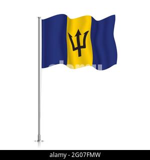 Barbados-Flagge winkt auf einem Metallmast. Die offizielle Flagge von Barbados, isoliert auf weißem Hintergrund. Stock Vektor