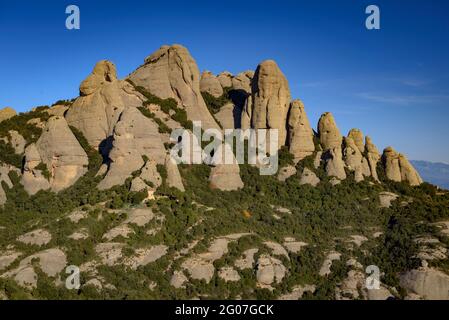 Blick auf die Felsen von l'Elefant (Elefant) und La Mòmia (Mama) von der Bergstation der Sant Joan Standseilbahn aus gesehen (Montserrat, Barcelona, Spanien) Stockfoto