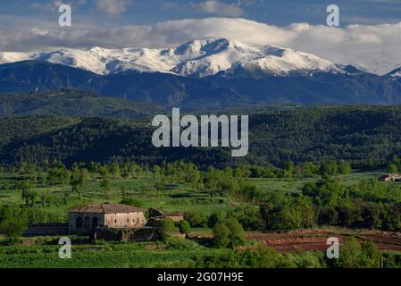 Blick vom Dorf Sant Bartomeu del Grau im Frühling, mit den Pyrenäen im Hintergrund (Barcelona, Katalonien, Spanien) Stockfoto