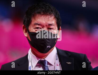 Pesaro, Italien. Mai 2021. Watanabe Morinari FIG President während der Rhythmischen Gymnastik FIG World Cup 2021 Pesaro in der Vitrifrigo Arena, Pesaro. (Foto: Fabrizio Carabelli/SOPA Images/Sipa USA) Quelle: SIPA USA/Alamy Live News Stockfoto