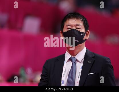 Pesaro, Italien. Mai 2021. Watanabe Morinari FIG President während der Rhythmischen Gymnastik FIG World Cup 2021 Pesaro in der Vitrifrigo Arena, Pesaro. (Foto: Fabrizio Carabelli/SOPA Images/Sipa USA) Quelle: SIPA USA/Alamy Live News Stockfoto