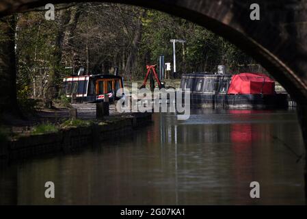 Die Boote vertäuten in der Nähe des Basingstoke Canal Centers in Mytchett Surrey Stockfoto