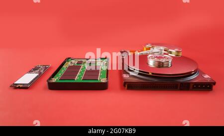 Drei verschiedene Datenspeichergeräte: Festplatte hdd, Solid State Drive ssd und ssd m2. Isoliert auf rot, Beschneidungspfad enthalten Stockfoto